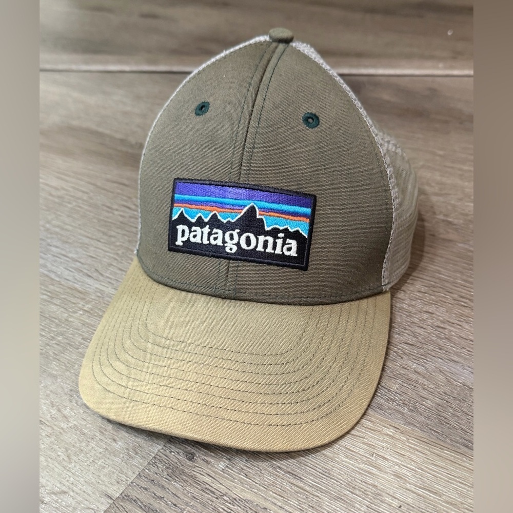 Patagonia Green and Tan Trucker Hat Unisex Embroidered Box Logo